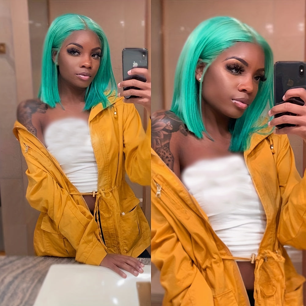 Mint Green Bob Lace Front Wig, Brazilian Remy Human Hair, Straight Style, HD Transparent T-Part 13x4x1, Pre-Plucked Glueless Wig for Women, Vacation Ready 130% Density