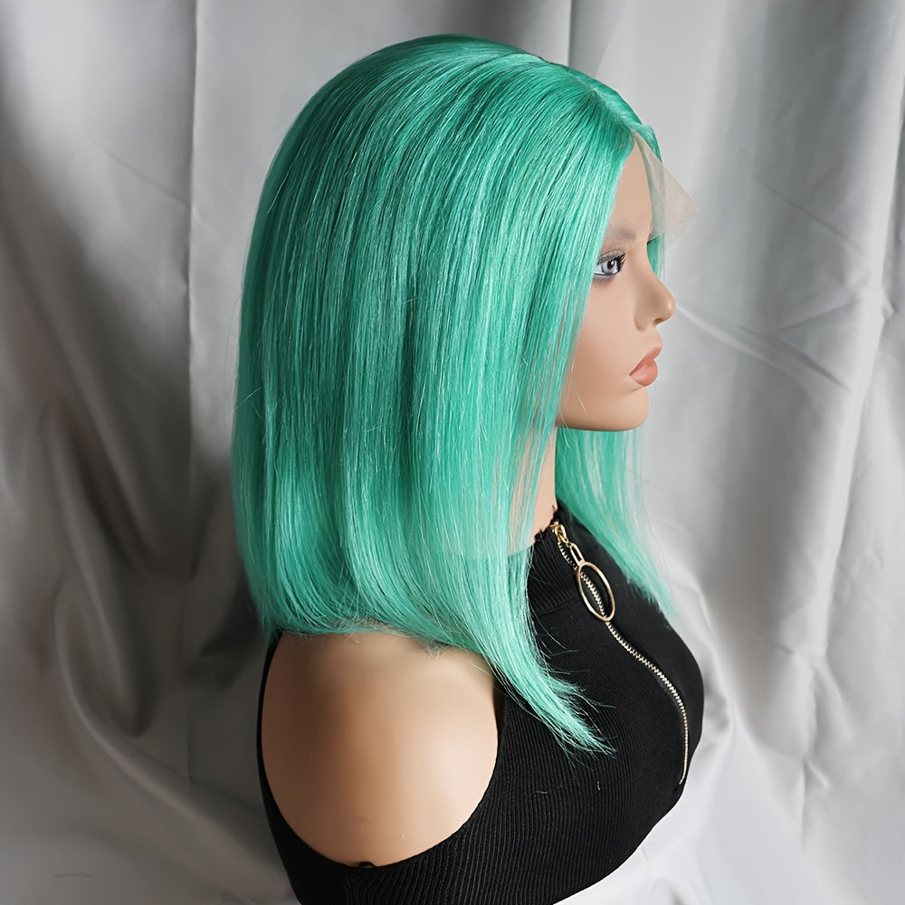 Mint Green Bob Lace Front Wig, Brazilian Remy Human Hair, Straight Style, HD Transparent T-Part 13x4x1, Pre-Plucked Glueless Wig for Women, Vacation Ready 130% Density