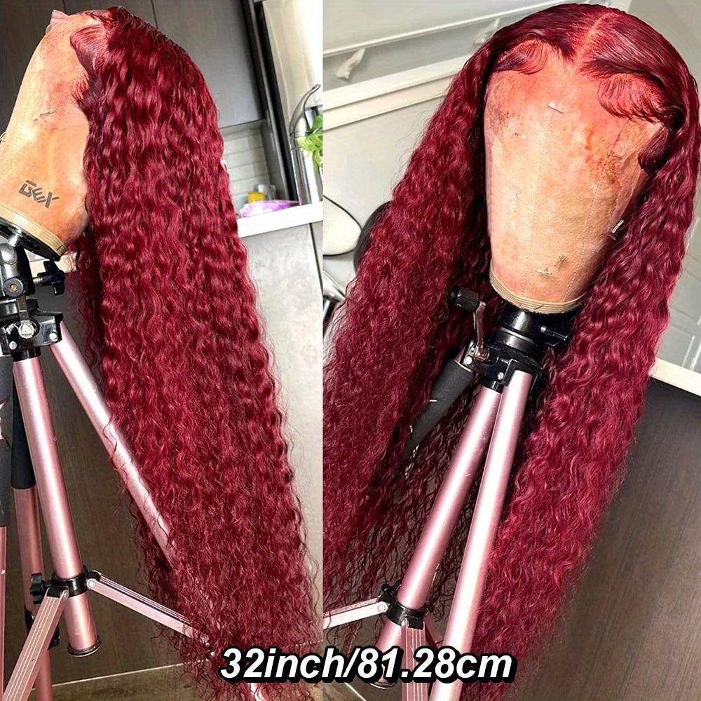 Red Curly Lace Front Wigs Burgundy Lace Front Wig Dark Red Long Deep Wave Human Hair Glueless Wig with Baby Hair Pre-plucked Hairline Red Wigs for Fashion Women 99J