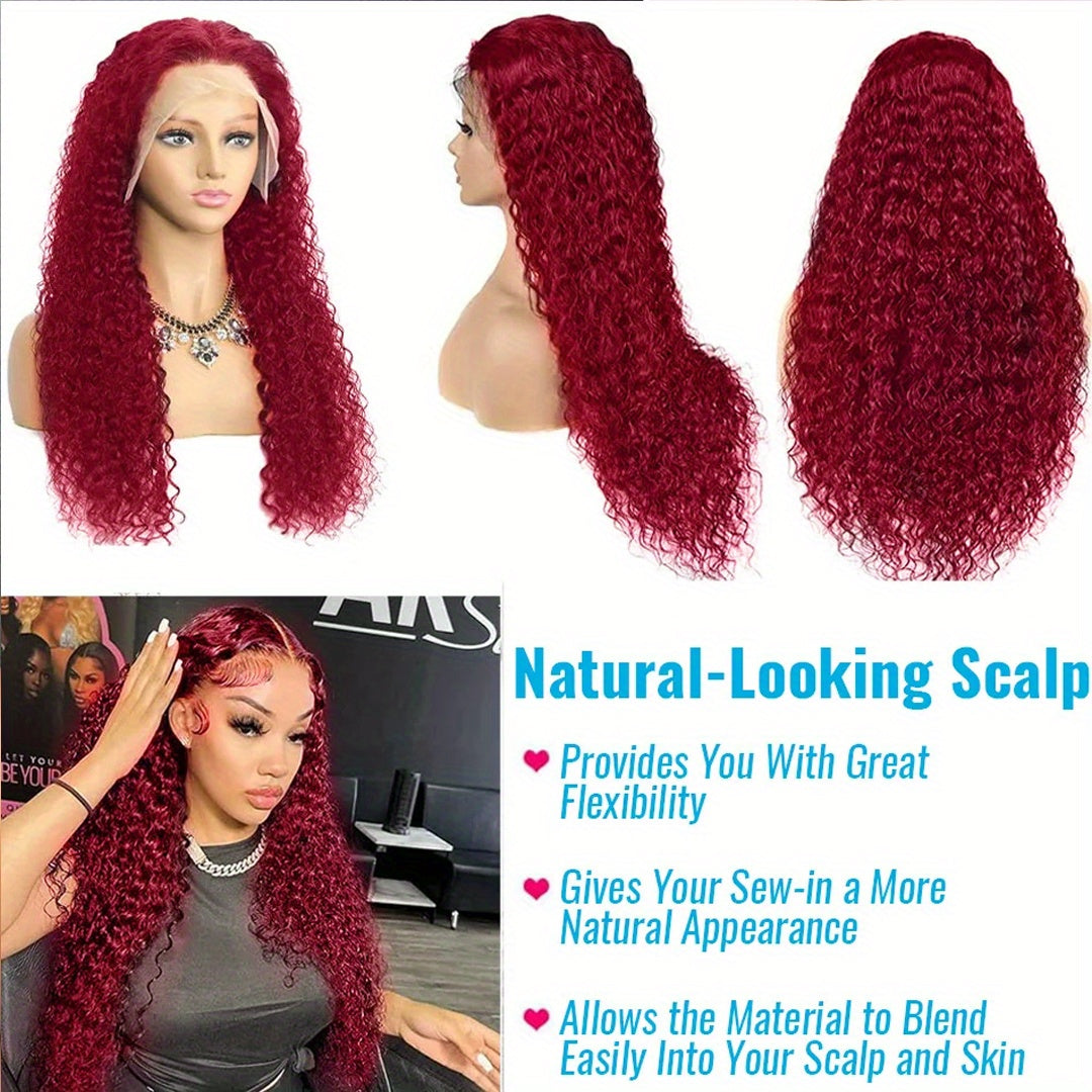 Red Curly Lace Front Wigs Burgundy Lace Front Wig Dark Red Long Deep Wave Human Hair Glueless Wig with Baby Hair Pre-plucked Hairline Red Wigs for Fashion Women 99J