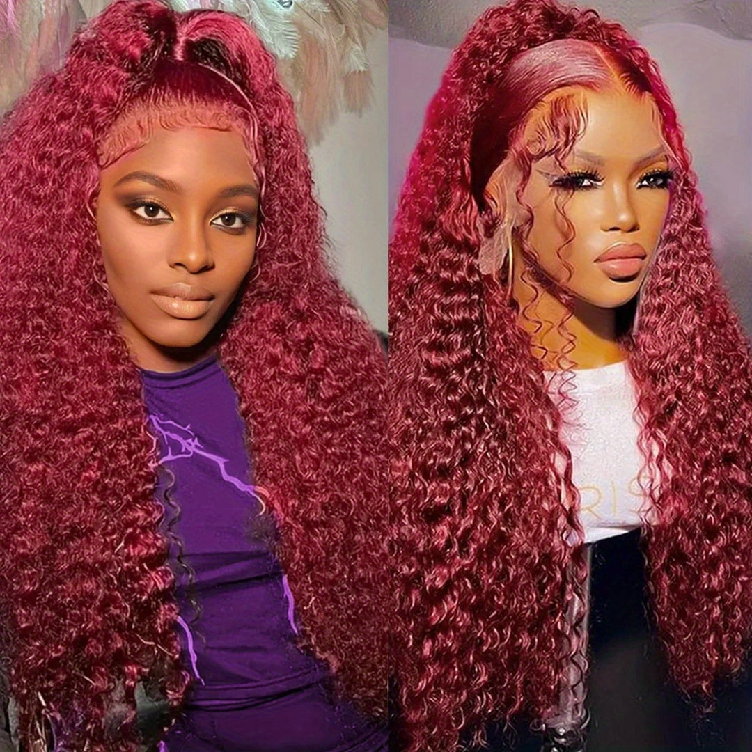 Red Curly Lace Front Wigs Burgundy Lace Front Wig Dark Red Long Deep Wave Human Hair Glueless Wig with Baby Hair Pre-plucked Hairline Red Wigs for Fashion Women 99J