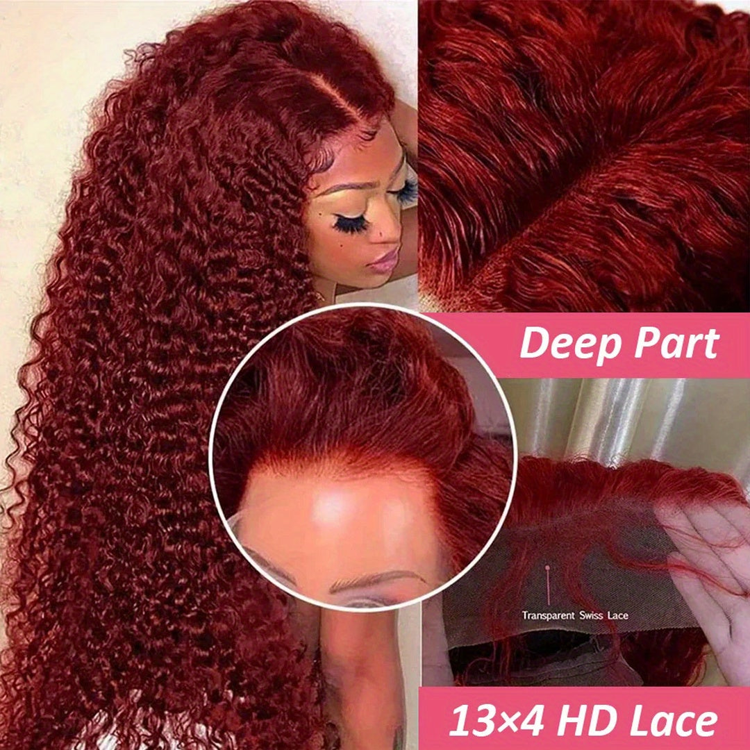 Red Curly Lace Front Wigs Burgundy Lace Front Wig Dark Red Long Deep Wave Human Hair Glueless Wig with Baby Hair Pre-plucked Hairline Red Wigs for Fashion Women 99J