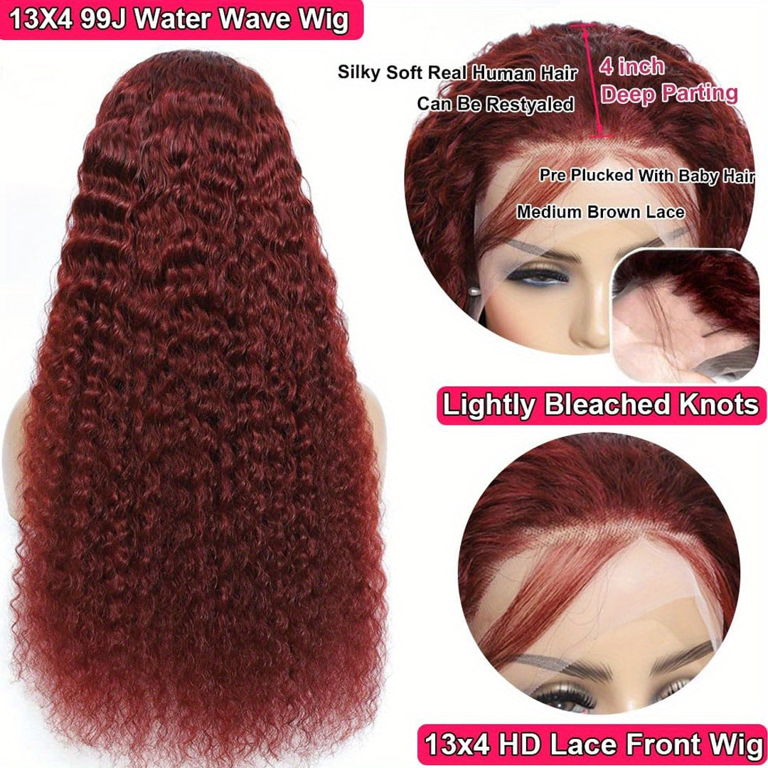Red Curly Lace Front Wigs Burgundy Lace Front Wig Dark Red Long Deep Wave Human Hair Glueless Wig with Baby Hair Pre-plucked Hairline Red Wigs for Fashion Women 99J