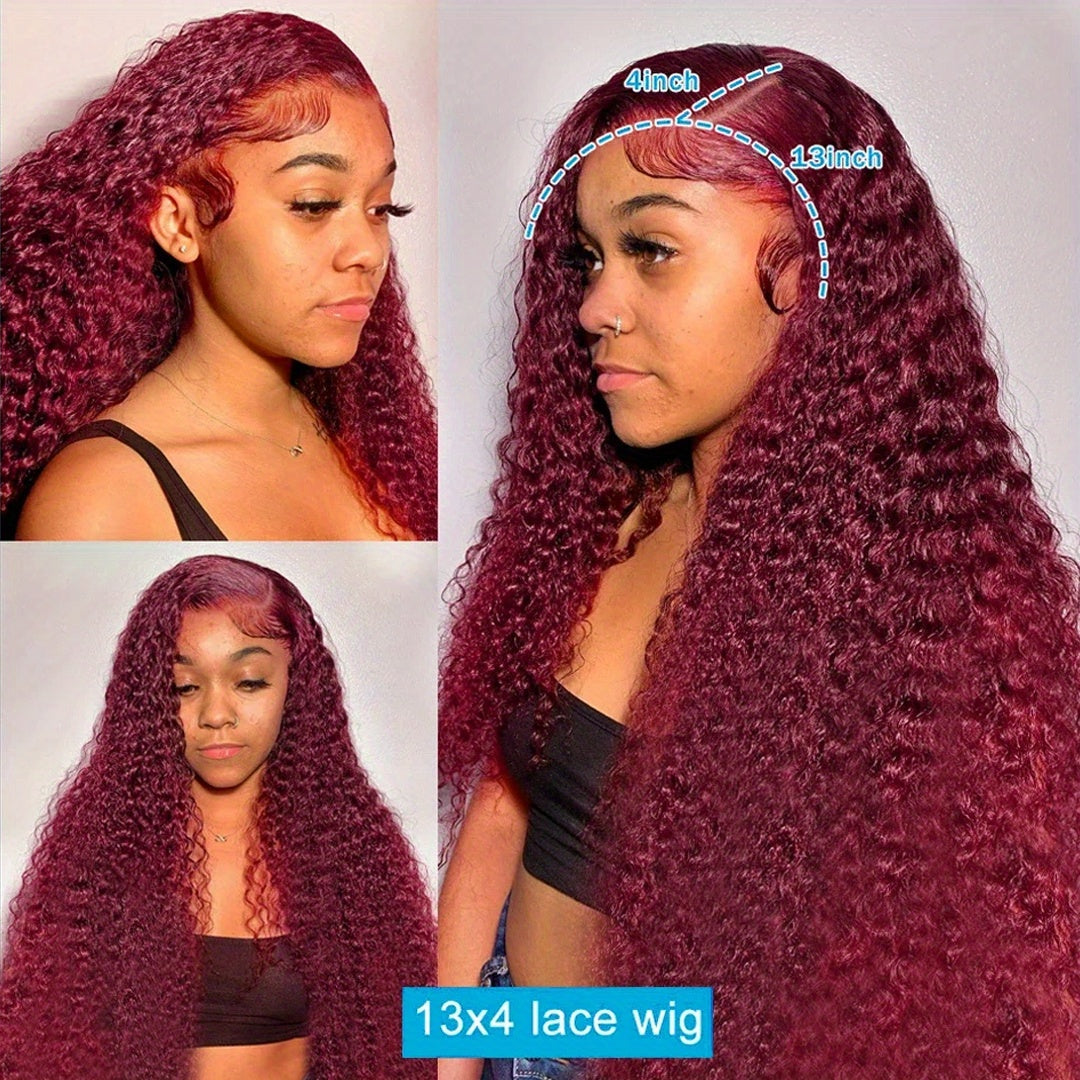 Red Curly Lace Front Wigs Burgundy Lace Front Wig Dark Red Long Deep Wave Human Hair Glueless Wig with Baby Hair Pre-plucked Hairline Red Wigs for Fashion Women 99J