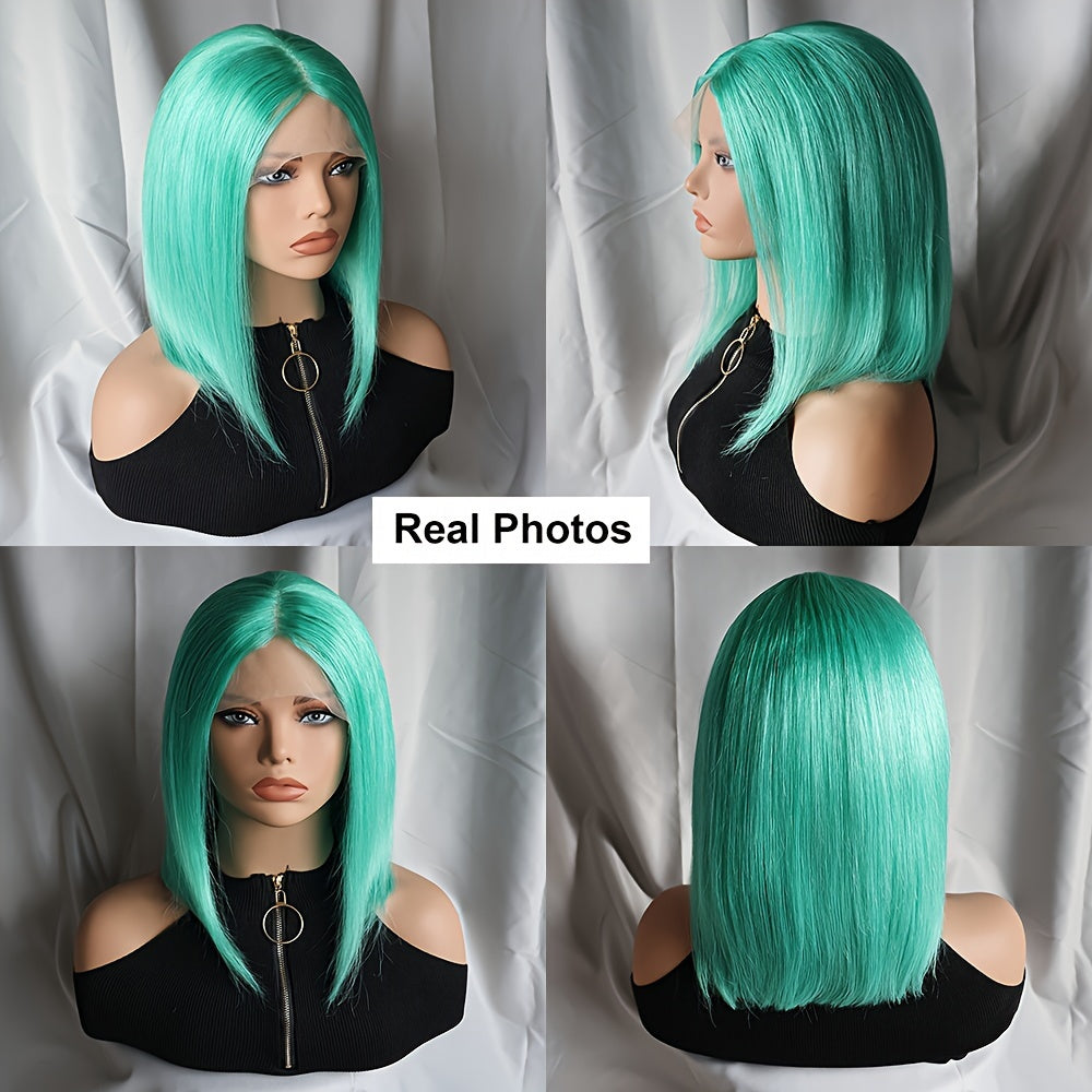 Mint Green Bob Lace Front Wig, Brazilian Remy Human Hair, Straight Style, HD Transparent T-Part 13x4x1, Pre-Plucked Glueless Wig for Women, Vacation Ready 130% Density