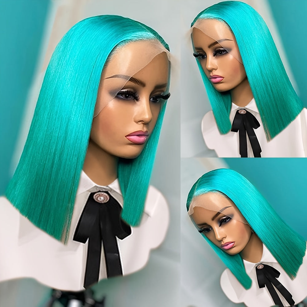 Mint Green Bob Lace Front Wig, Brazilian Remy Human Hair, Straight Style, HD Transparent T-Part 13x4x1, Pre-Plucked Glueless Wig for Women, Vacation Ready 130% Density