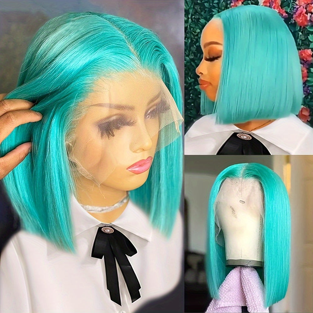 Mint Green Bob Lace Front Wig, Brazilian Remy Human Hair, Straight Style, HD Transparent T-Part 13x4x1, Pre-Plucked Glueless Wig for Women, Vacation Ready 130% Density
