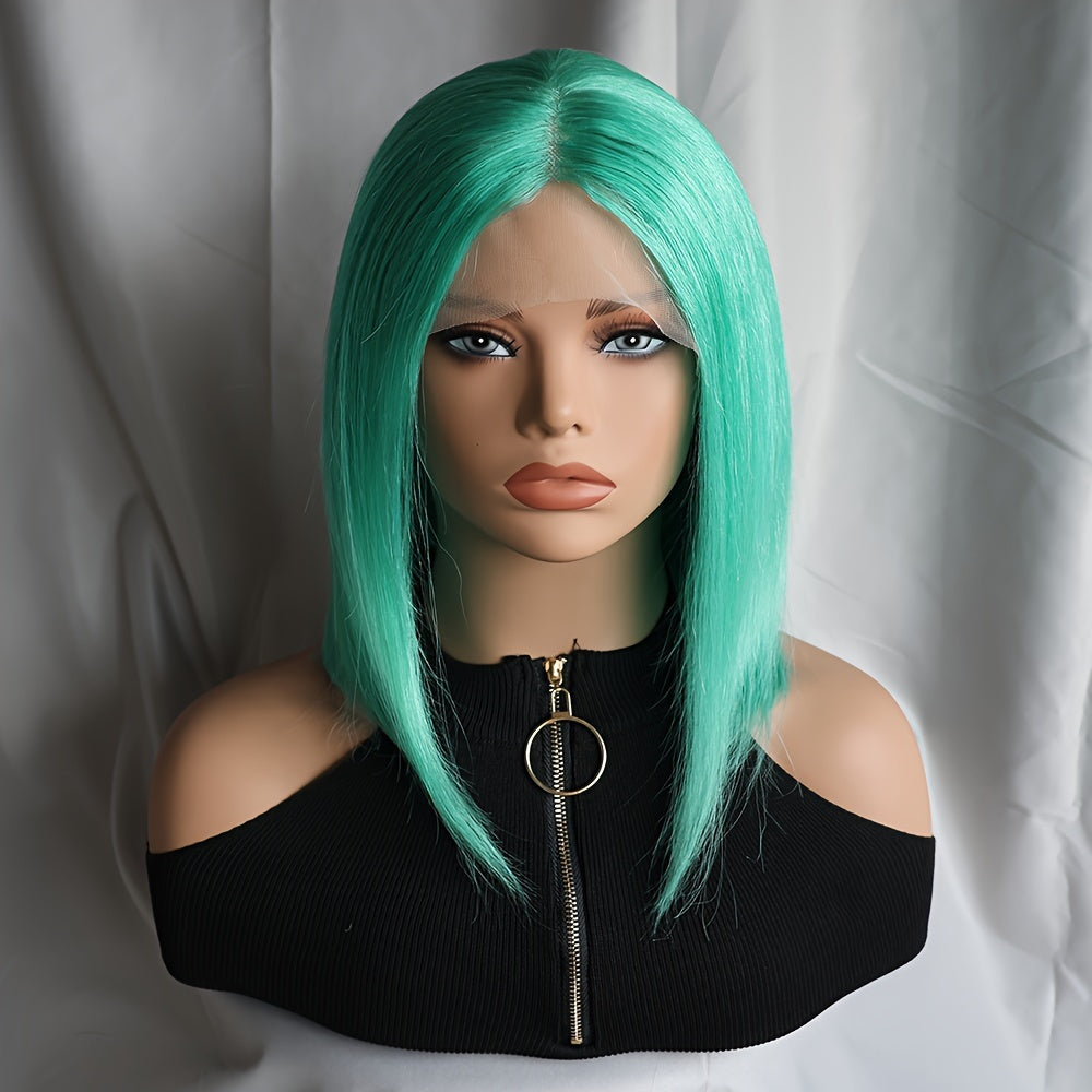 Mint Green Bob Lace Front Wig, Brazilian Remy Human Hair, Straight Style, HD Transparent T-Part 13x4x1, Pre-Plucked Glueless Wig for Women, Vacation Ready 130% Density