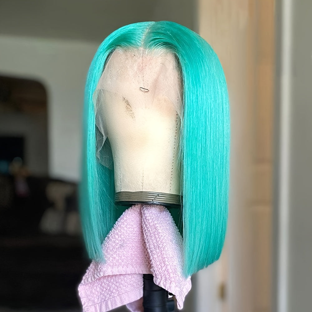 Mint Green Bob Lace Front Wig, Brazilian Remy Human Hair, Straight Style, HD Transparent T-Part 13x4x1, Pre-Plucked Glueless Wig for Women, Vacation Ready 130% Density