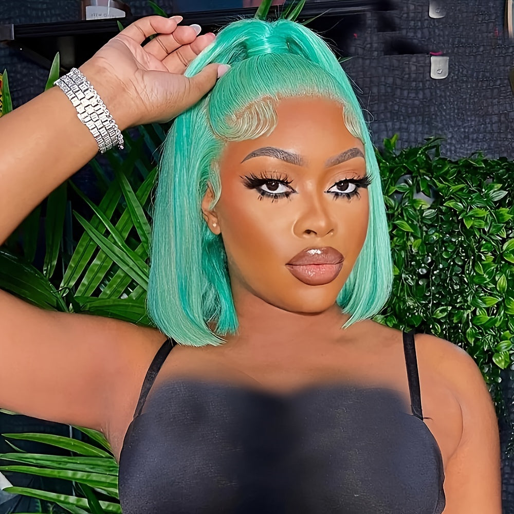 Mint Green Bob Lace Front Wig, Brazilian Remy Human Hair, Straight Style, HD Transparent T-Part 13x4x1, Pre-Plucked Glueless Wig for Women, Vacation Ready 130% Density