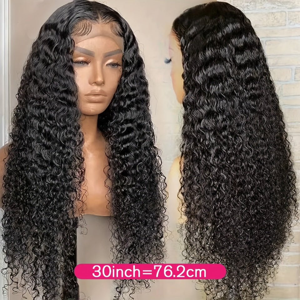 Deep Wave Human Hair Lace Front Wig 13x4 HD Transparent Lace, 190% Density Pre-Plucked Glueless Wig for Women, 1B Color, Natural Look & Versatile Styling, Styling Flexibility, Elegant Hairdo, Protective Hairstyle, Beauty Acce