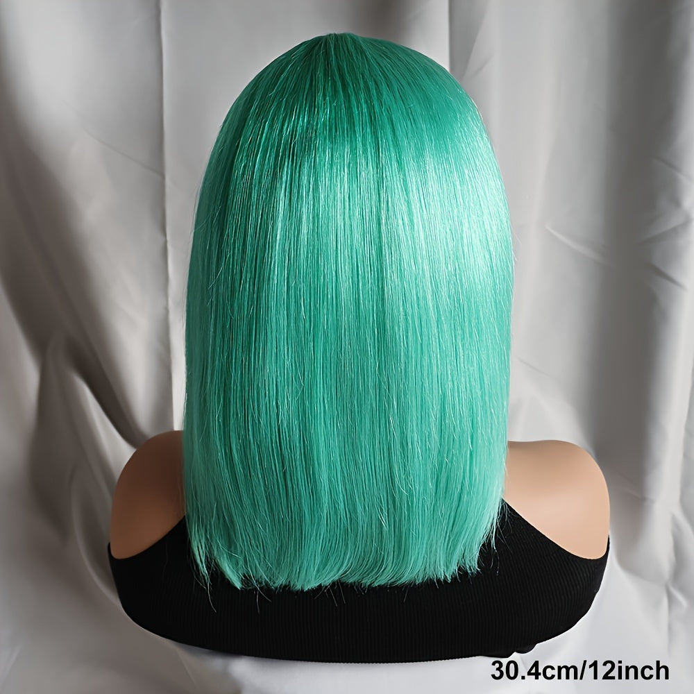 Mint Green Bob Lace Front Wig, Brazilian Remy Human Hair, Straight Style, HD Transparent T-Part 13x4x1, Pre-Plucked Glueless Wig for Women, Vacation Ready 130% Density
