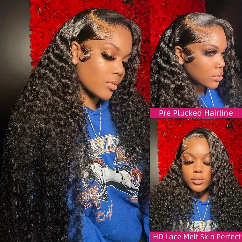 Deep Wave Human Hair Lace Front Wig 13x4 HD Transparent Lace, 190% Density Pre-Plucked Glueless Wig for Women, 1B Color, Natural Look & Versatile Styling, Styling Flexibility, Elegant Hairdo, Protective Hairstyle, Beauty Acce