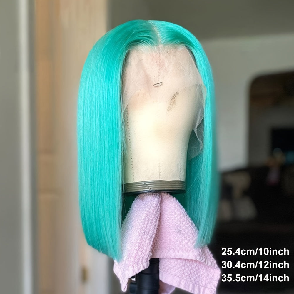 Mint Green Bob Lace Front Wig, Brazilian Remy Human Hair, Straight Style, HD Transparent T-Part 13x4x1, Pre-Plucked Glueless Wig for Women, Vacation Ready 130% Density