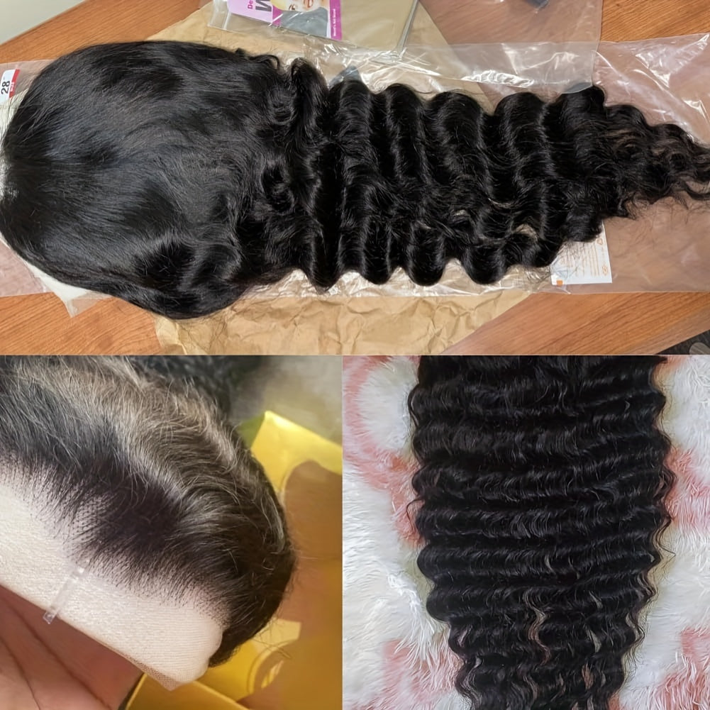 Deep Wave Human Hair Lace Front Wig 13x4 HD Transparent Lace, 190% Density Pre-Plucked Glueless Wig for Women, 1B Color, Natural Look & Versatile Styling, Styling Flexibility, Elegant Hairdo, Protective Hairstyle, Beauty Acce