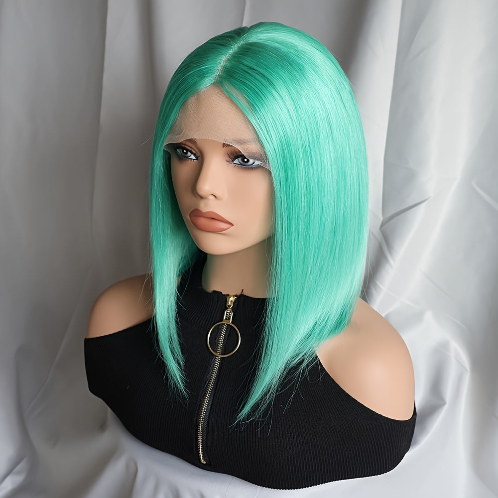 Mint Green Bob Lace Front Wig, Brazilian Remy Human Hair, Straight Style, HD Transparent T-Part 13x4x1, Pre-Plucked Glueless Wig for Women, Vacation Ready 130% Density