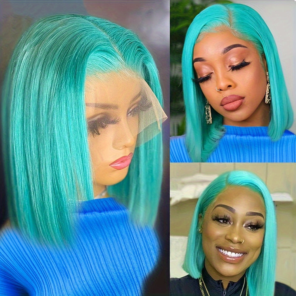 Mint Green Bob Lace Front Wig, Brazilian Remy Human Hair, Straight Style, HD Transparent T-Part 13x4x1, Pre-Plucked Glueless Wig for Women, Vacation Ready 130% Density