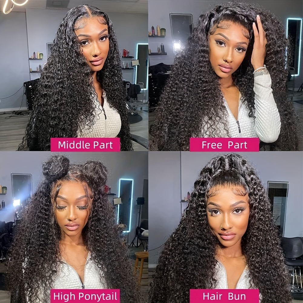 Deep Wave Human Hair Lace Front Wig 13x4 HD Transparent Lace, 190% Density Pre-Plucked Glueless Wig for Women, 1B Color, Natural Look & Versatile Styling, Styling Flexibility, Elegant Hairdo, Protective Hairstyle, Beauty Acce
