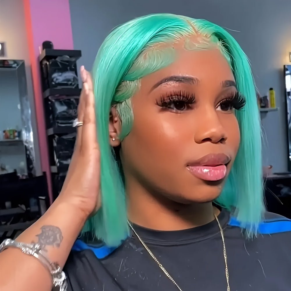 Mint Green Bob Lace Front Wig, Brazilian Remy Human Hair, Straight Style, HD Transparent T-Part 13x4x1, Pre-Plucked Glueless Wig for Women, Vacation Ready 130% Density