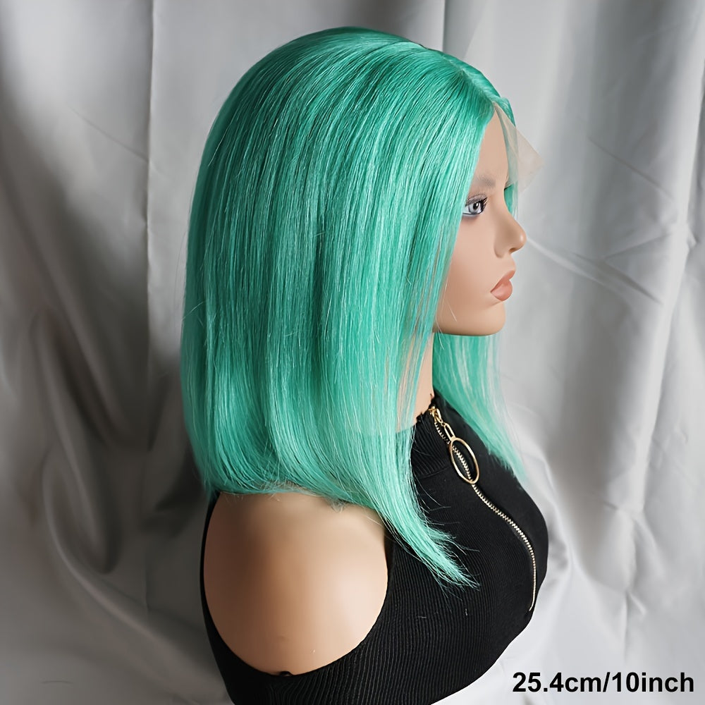 Mint Green Bob Lace Front Wig, Brazilian Remy Human Hair, Straight Style, HD Transparent T-Part 13x4x1, Pre-Plucked Glueless Wig for Women, Vacation Ready 130% Density