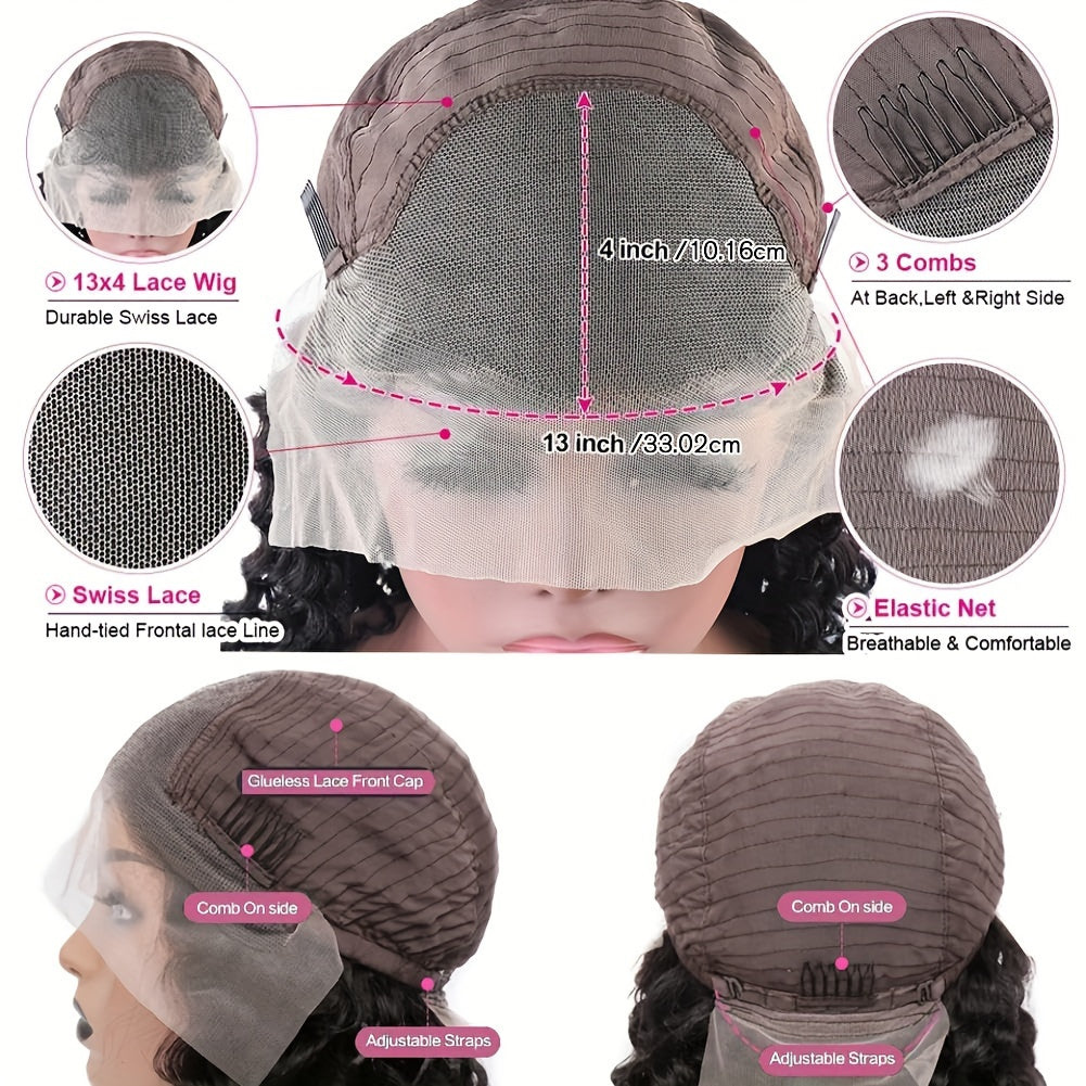 Deep Wave Human Hair Lace Front Wig 13x4 HD Transparent Lace, 190% Density Pre-Plucked Glueless Wig for Women, 1B Color, Natural Look & Versatile Styling, Styling Flexibility, Elegant Hairdo, Protective Hairstyle, Beauty Acce