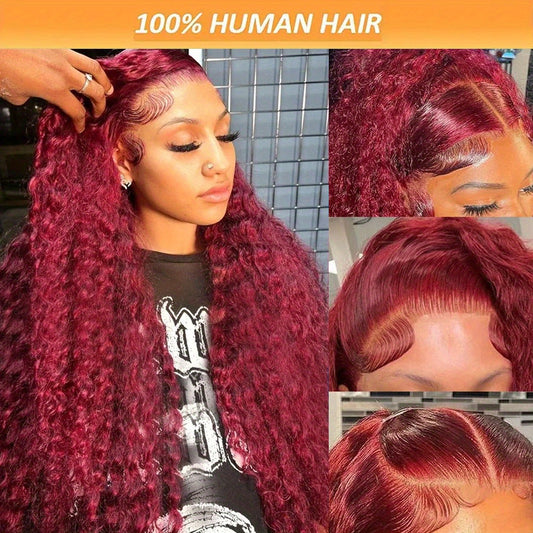 Red Curly Lace Front Wigs Burgundy Lace Front Wig Dark Red Long Deep Wave Human Hair Glueless Wig with Baby Hair Pre-plucked Hairline Red Wigs for Fashion Women 99J