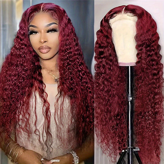 Red Curly Lace Front Wigs Burgundy Lace Front Wig Dark Red Long Deep Wave Human Hair Glueless Wig with Baby Hair Pre-plucked Hairline Red Wigs for Fashion Women 99J