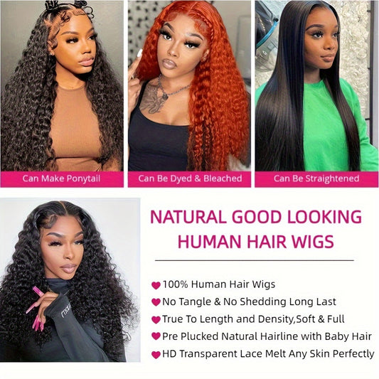 Deep Wave Human Hair Lace Front Wig 13x4 HD Transparent Lace, 190% Density Pre-Plucked Glueless Wig for Women, 1B Color, Natural Look & Versatile Styling, Styling Flexibility, Elegant Hairdo, Protective Hairstyle, Beauty Acce