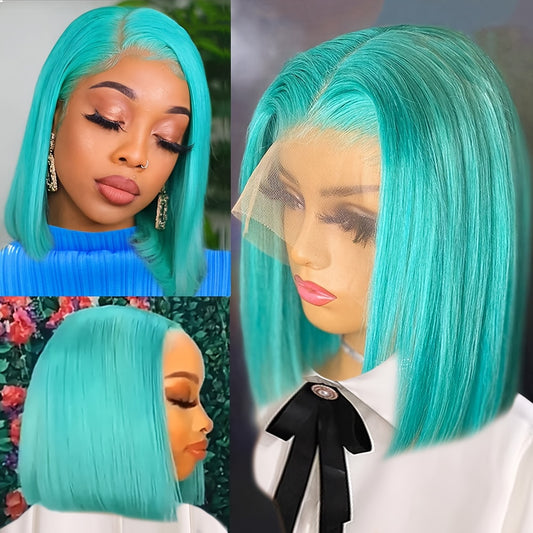 Mint Green Bob Lace Front Wig, Brazilian Remy Human Hair, Straight Style, HD Transparent T-Part 13x4x1, Pre-Plucked Glueless Wig for Women, Vacation Ready 130% Density