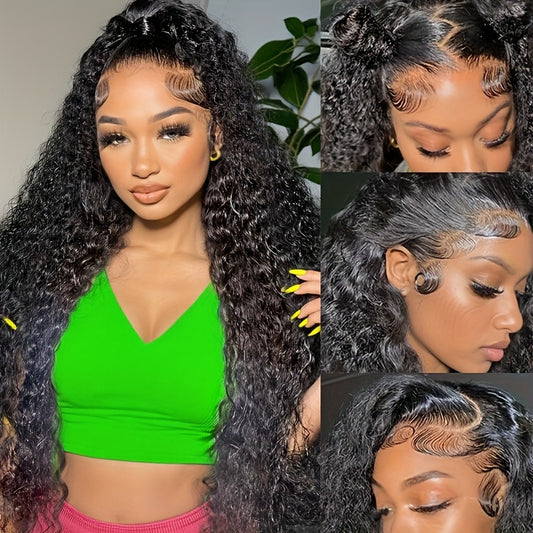Deep Wave Human Hair Lace Front Wig 13x4 HD Transparent Lace, 190% Density Pre-Plucked Glueless Wig for Women, 1B Color, Natural Look & Versatile Styling, Styling Flexibility, Elegant Hairdo, Protective Hairstyle, Beauty Acce