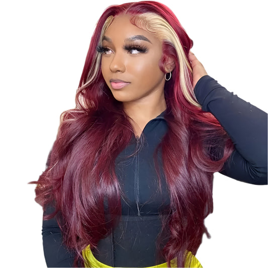 Glueless Burgundy Highlight Blonde Lace Front Wig