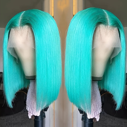 Mint Green Bob Lace Front Wig, Brazilian Remy Human Hair, Straight Style, HD Transparent T-Part 13x4x1, Pre-Plucked Glueless Wig for Women, Vacation Ready 130% Density
